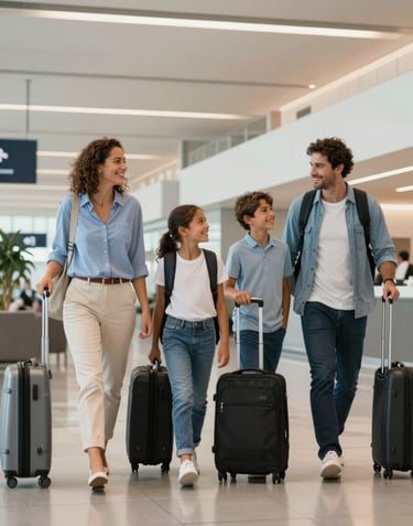 A Brazilian family of four smiling and walking through a modern, upscale airport lounge. They are carrying stylish luggage and look relaxed. The atmosphere is professional yet warm, using a light blue and white color scheme.