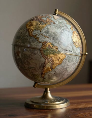 An elegant studio photograph of a classic metallic globe standing on a dark wooden desk. The focus is on the South American continent. Soft lighting highlights the gold and silver details, representing global aspiration.