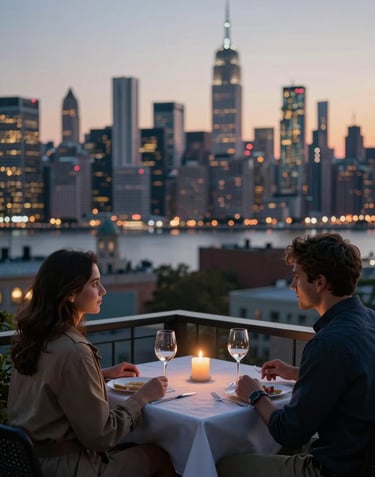 Two travelers enjoying a private dinner on a terrace overlooking a historic city skyline, illuminated by soft candlelight and city lights. North American / International setting.