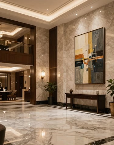 An elegant hotel lobby featuring marble floors, bespoke art pieces, and warm lighting, embodying sophistication and trust. North American / International high-end design.