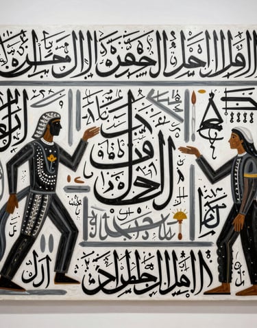 A large-scale, immersive artwork by Khaled Tirikli. The painting shows a vibrant fusion of traditional Arabic calligraphy and modern figurative art. The background is a clean white, emphasizing the bold black and grey strokes.