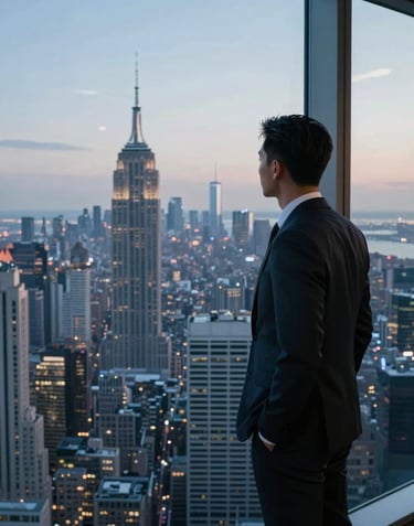 A visionary professional looking out from a high-rise office window at a sprawling metropolitan skyline during twilight, dark blue and light gray color palette.