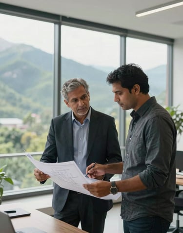 A professional South Asian / Indian architect and developer discussing blueprints in a bright, modern office with large windows overlooking a green mountain range. Soft natural lighting, premium atmosphere.