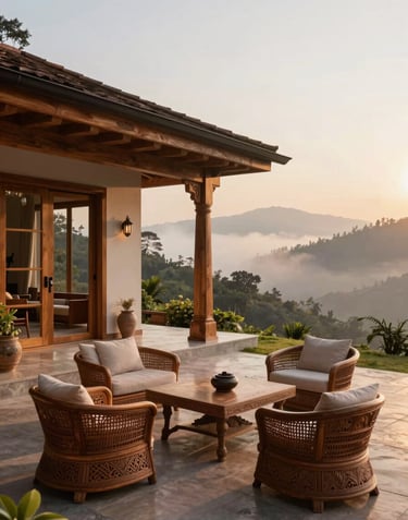 A serene, sun-drenched outdoor patio of a luxury hill residence, featuring warm wood textures and South Asian / Indian artisanal furniture, looking out onto a misty mountain sunrise.