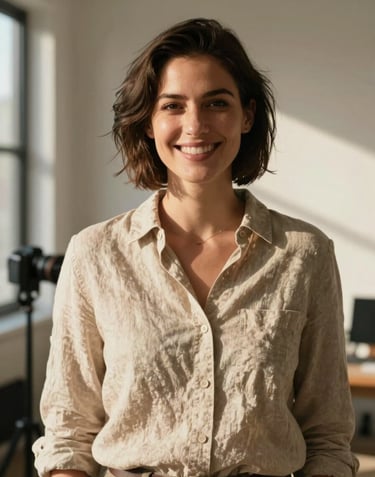 A friendly candid portrait of a female photographer smiling, standing in a sun-lit North American / US studio. She is wearing a Soft Sand colored linen shirt. The lighting is warm and cinematic, reflecting a professional but approachable mood.