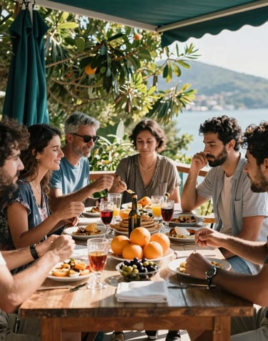 Candid photography of friends from the Turkish Riviera / European expat and tourist community sharing a rustic Mediterranean brunch on a sunny terrace in Gazipasa. Fresh oranges, olives, and bread are on the table, surrounded by lush green foliage and deep pine teal decor elements.