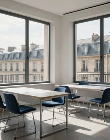 Photography of a sun-drenched, minimalist office space in Paris with large windows and a view of Haussmann buildings. Modern furniture in steel blue and light gray. European / French professional setting.
