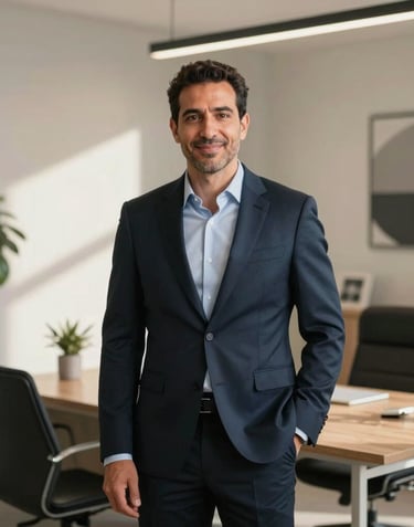 A professional, sophisticated portrait of a real estate advisor in a minimalist, sun-drenched office in Netanya, Israel. The atmosphere is calm and prestigious.