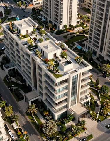 An overhead architectural shot of a luxury residential complex in Netanya, featuring geometric modern design and lush Mediterranean landscaping.