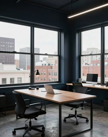 A wide-angle photograph of an airy North American / US creative workspace with dark navy design accents and large windows overlooking a city.