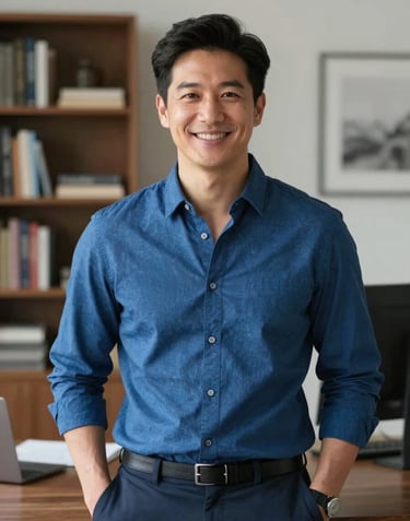 A professional portrait of a designer in a modern North American / US home office, wearing smart-casual Steel Blue attire, smiling confidently, with a blurred background of a bookshelf.