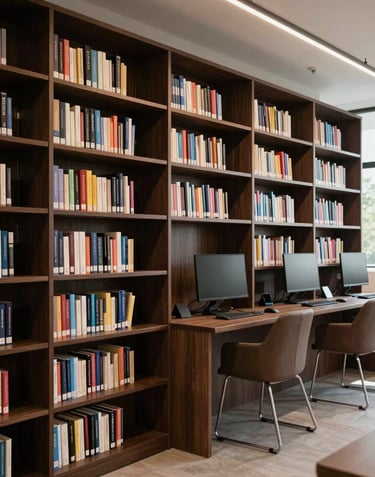 An interior shot of a modern, well-organized school library in Calabar with shelves full of books and a computer station. The design is minimalist and professional, utilizing dark brown and muted gold accents.