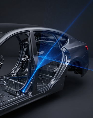 Abstract LiDAR laser scanning visualization of a sleek automotive frame, electric blue points on a deep charcoal background, technical and high-end.