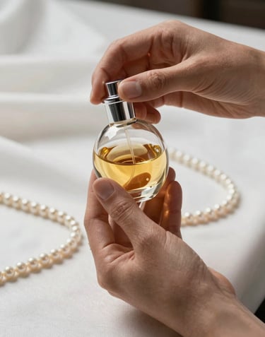 The delicate hands of a perfume maker holding a crystal flask against a background of pearl white fabric, focused on the golden liquid, elegant and sophisticated composition.