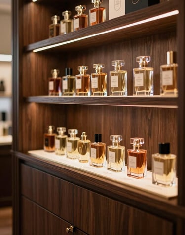 An upscale Parisian boutique interior with dark wood shelving and soft warm lighting, showing a row of elegant perfume bottles on a display case, sophisticated European style.
