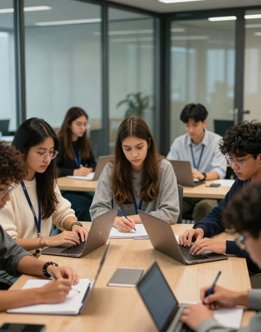 A group of teenage students from diverse backgrounds participating in a workshop within a modern, glass-walled conference room in a North American / US corporate setting.