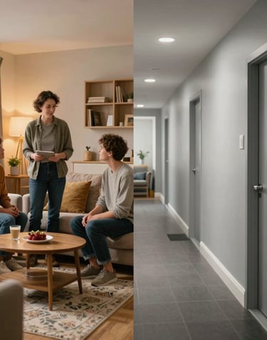 A professional split-screen composition. One side shows a warm, welcoming local host family in a comfortable UK living room; the other side shows a modern, secure student residential hallway with pale silver grey walls.