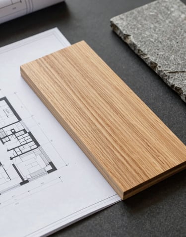 Top-down view of an architectural blueprint and a sample of light oak wood and grey stone on a dark desktop. Professional and minimalist development planning scene.