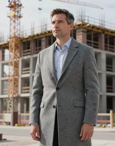 A professional real estate developer in a grey wool coat standing in front of a modern construction project in a Northern European urban setting. Clean, minimalist composition.