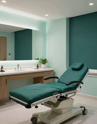 A luxurious, modern patient suite interior in a high-end medical facility in Mérida, North American / Mexican (Yucatán). The room is designed like a five-star hotel with Pale Mint walls and Deep Sea Green textiles.