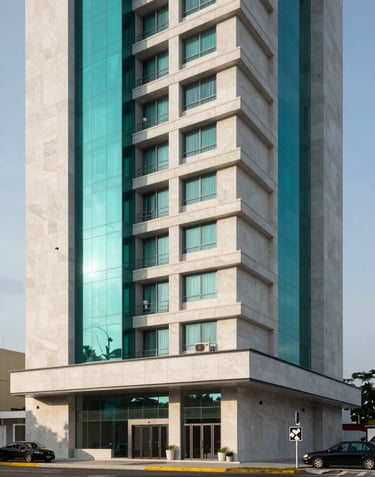 Exterior architectural rendering of MB Medical Tower in Mérida, North American / Mexican (Yucatán), focusing on its high-tech, modern design with accents in Ocean Teal and clean Frosty White stone.