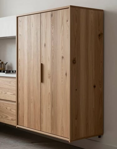 A professional photography shot of a custom-designed, minimalist oak cabinet integrated into a modern Northern European kitchen. The lighting is soft and natural, emphasizing the precision of the joinery and the elegant textures.