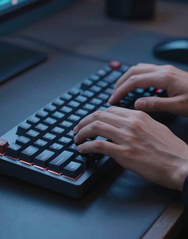 A close-up shot of a developer's hands typing on a high-end mechanical keyboard in a professional workspace, with soft blue and navy lighting.