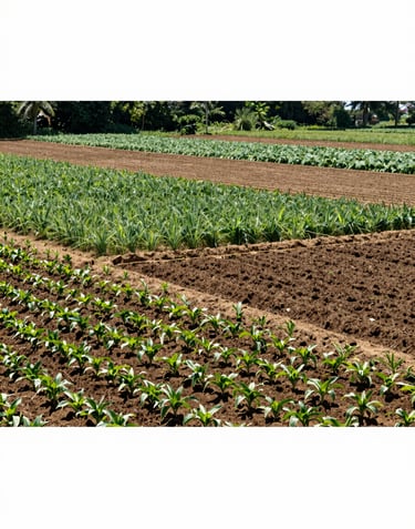 A majestic landscape photograph of regenerative farmland with diverse crop rotation and healthy soil. The composition is balanced and peaceful, showing environmental stewardship. International / Global.