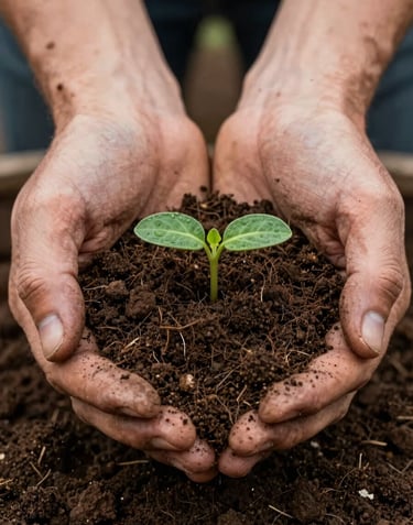 A close-up photograph of a pair of calloused, experienced hands gently cradling dark, fertile soil and a tiny green seedling. The focus is sharp on the texture of the soil. International / Global.