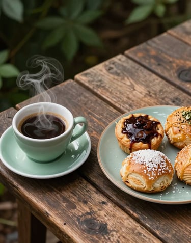 A top-down view of a rustic wooden table featuring a steaming cup of artisan coffee and a plate of fresh local pastries, with forest green and sage green accents in the background.