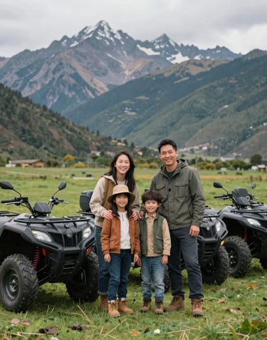 A happy family of four standing together in a lush green Andean meadow, smiling at the camera, with a row of parked quad bikes and majestic mountains in the background.