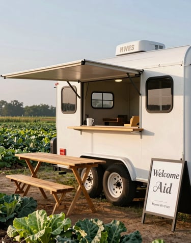 A beautiful custom hospitality trailer parked next to an active vegetable farm in Northwest Arkansas. The trailer is set up with open fold-out wooden tables, a pop-up shade shelter, and a welcome sign. Crisp morning light illuminates the welcoming mutual aid hub.