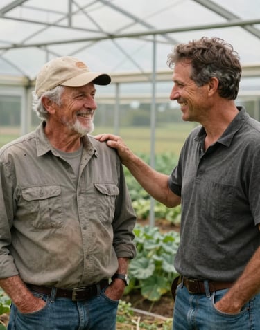 A genuine, heartfelt photograph of two farmers smiling and sharing a supportive conversation next to a high tunnel greenhouse on a small farm in Northwest Arkansas. Earthy green surroundings, soft natural lighting, reflecting community connection and mutual support.