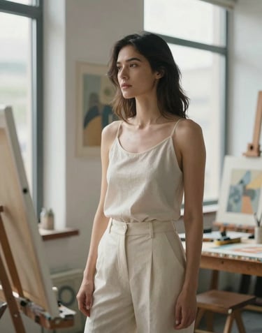 A refined portrait of a female artist in a sun-drenched North American studio. She is dressed in contemporary, minimalist attire in cream and taupe. She stands thoughtfully by a large window with her artwork in the background.