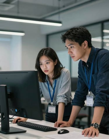 A candid photograph of two professionals in a modern North American office collaborating over a large monitor. The lighting is crisp and cool, highlighting the focused, innovative atmosphere of a high-end development agency.