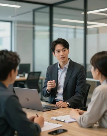 A professional real estate consultant meeting with clients in a sleek, glass-walled office with a tech-focused atmosphere.