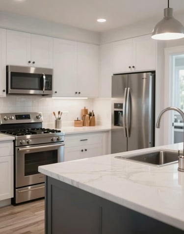 Interior of a modern North American kitchen featuring white marble countertops, stainless steel appliances, and a bright, airy open-concept layout.