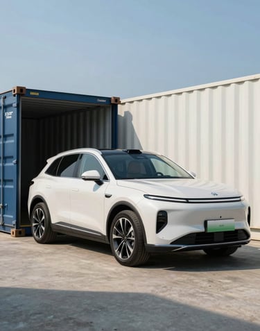 A modern, bright luxury vehicle being carefully driven into a clean shipping container. Professional lighting, steel blue and off-white tones. Global Business.