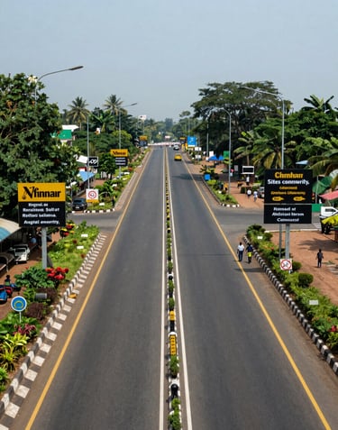 A professional wide-shot of a major arterial road in Chennai with modern signage and clear access points, demonstrating excellent site connectivity.