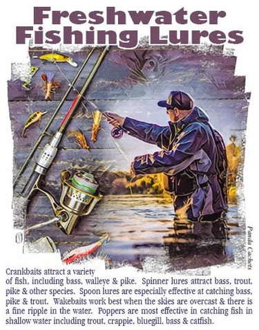 Cachet illustration of freshwater fishiing lures and fisherman