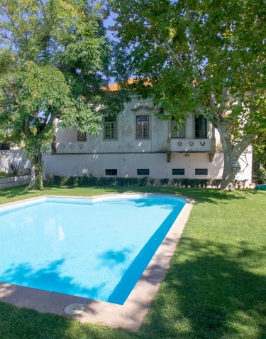 Luxury villa with a blue swimming pool in a lush green garden surrounded by large trees.