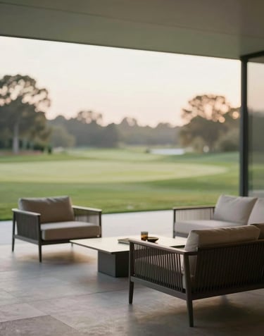 Modern minimalist terrace with high-quality outdoor furniture, overlooking a golf course. Soft morning light, luxury real estate style.