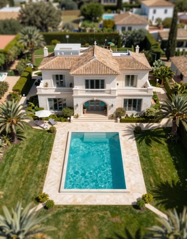 Aerial shot of a luxury estate with a manicured garden and private pool in the Algarve. Bright daylight, clear water, sophisticated atmosphere.