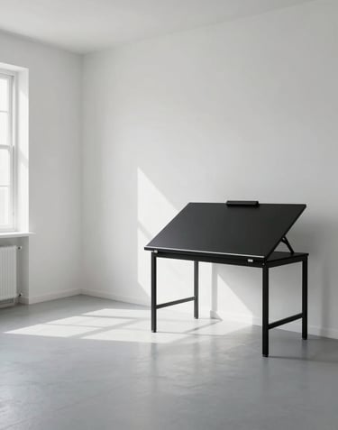 A wide-angle photograph of a serene, minimalist artist studio. The room is filled with soft natural light reflecting off white walls and a pale gray floor. Minimalist furniture including a black drafting table is positioned against a clean wall. North American / European studio setting, sophisticated and calm mood.