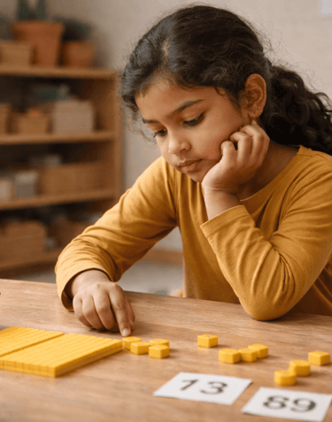 a girl focused-on-learning-with-base-ten-blocks-png