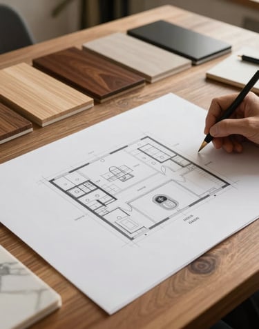 An architectural designer's desk in a Los Angeles studio with high-end kitchen floor plans, marble swatches, and wood finish samples under warm studio lighting.