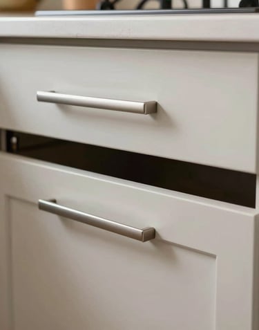 Close-up of premium custom kitchen cabinetry with soft-close mechanisms and sleek hidden handles, showcasing high-end craftsmanship in a Californian home.