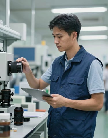 A sharp, modern photograph of an International / Business professional inspecting product quality in a clean, brightly lit factory setting, wearing a slate blue vest.
