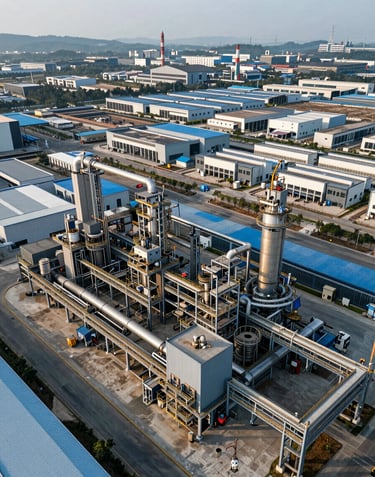 An aerial photograph of a sprawling modern industrial manufacturing district in Guangdong during an International / Business afternoon, showcasing the scale of production in soft slate blue tones.