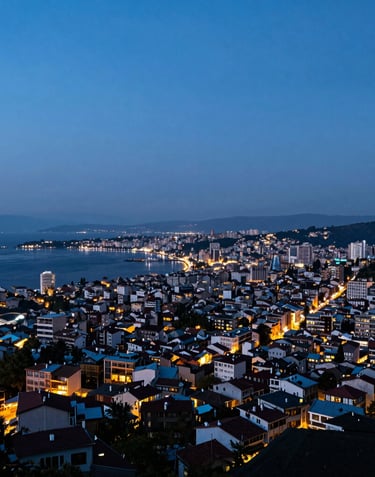 A wide landscape shot of Trabzon city at dusk from Boztepe Hill, showing the city lights reflecting on the Black Sea. The composition is professional and inspiring, with sky blue and dark blue hues.